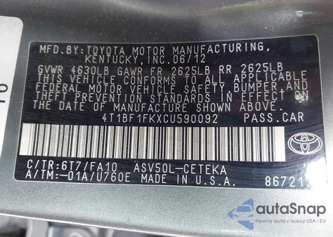 2012 Toyota Camry L z USA, uszkodzony, nr VIN 4T1BF1FKXCU590092